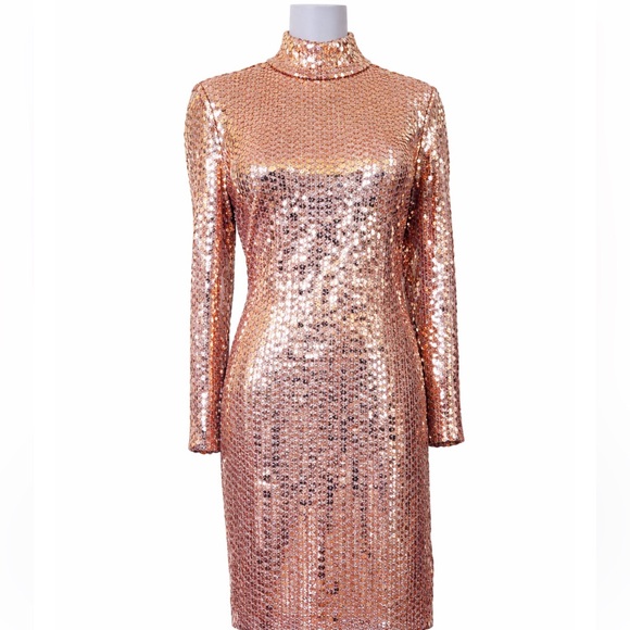 Vintage Oleg Cassini Open Back Rose Gold Sequin Evening Gown 90s Formal Size 8 - Picture 2 of 8